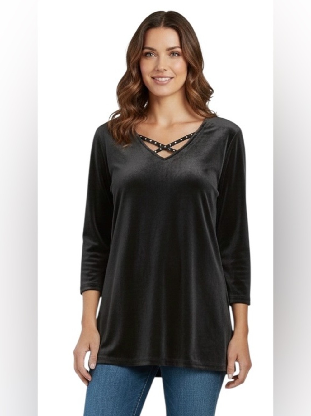Quacker Factory Luxurious Soft Velveteen Tunic Sz M Black Rhinestone Neckline